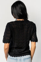 Close-up detail of scalloped collar and open-knit crochet holes on the Serenity Knit Sweater Top in black, showing yarn texture and stitch pattern.