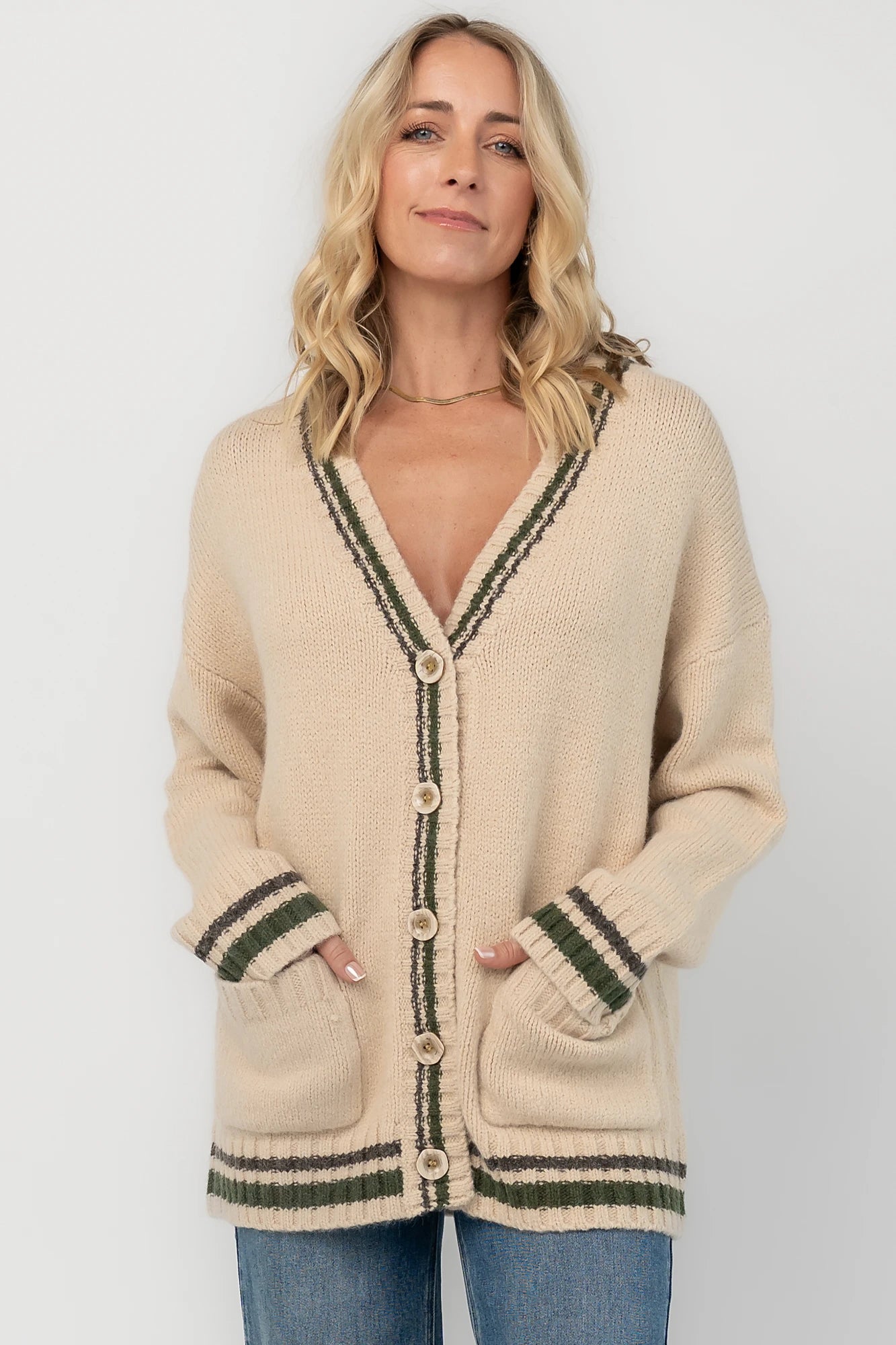 Roosevelt Button Up Cardigan | Oatmeal + Olive Stripe