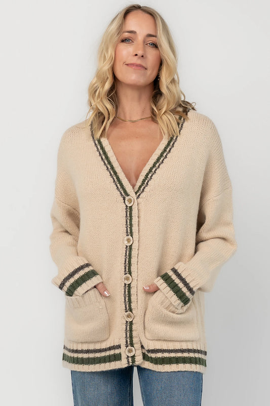 Roosevelt Button Up Cardigan | Oatmeal + Olive Stripe