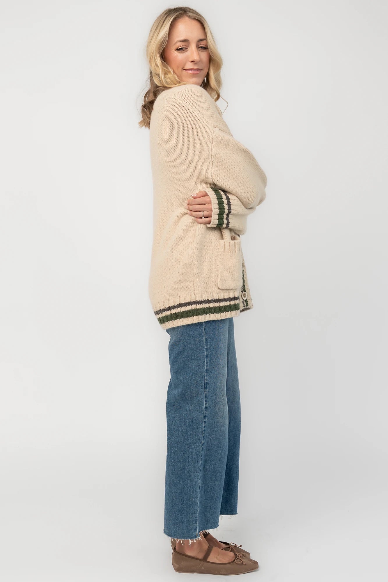 Roosevelt Button Up Cardigan | Oatmeal + Olive Stripe