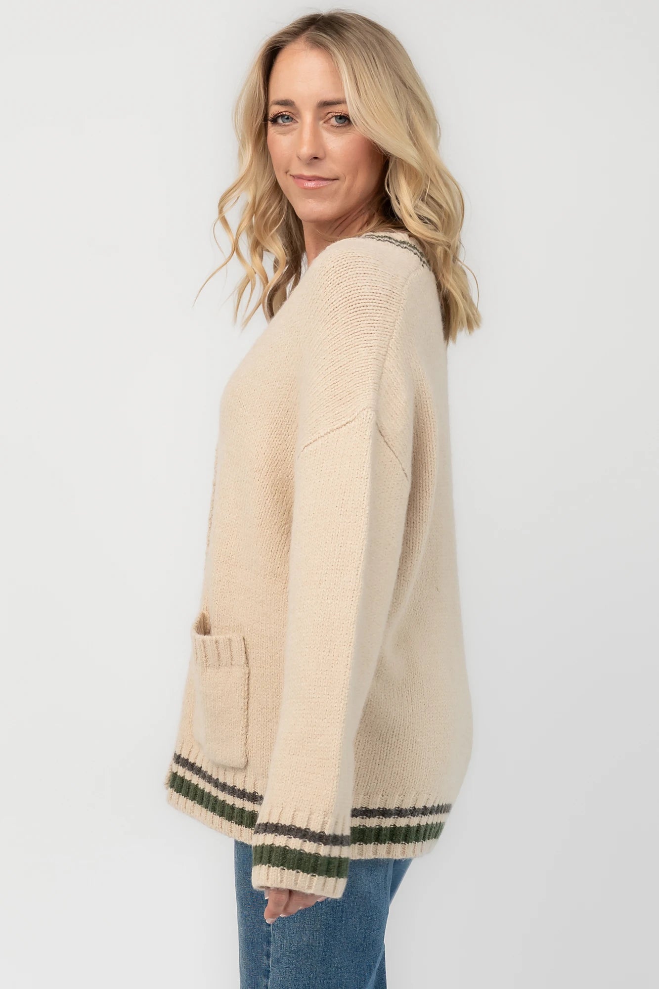 Roosevelt Button Up Cardigan | Oatmeal + Olive Stripe