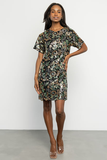Squires Sequin Short Dress | Black + Green Multi