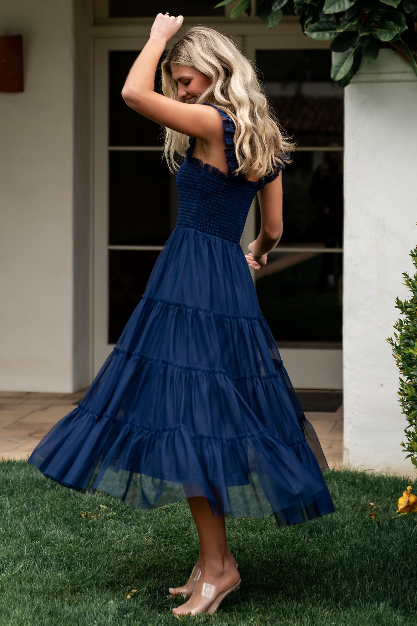 Emma Smocked Tulle Midi Dress, Navy | Baltic Born S Emma Smocked Tulle Midi Dress, Navy | Baltic Born S