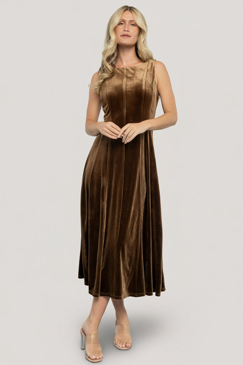 Front view of model wearing the Annika Bronze velvet midi dress with round neckline, wide tank straps, and mid-calf length silhouette.