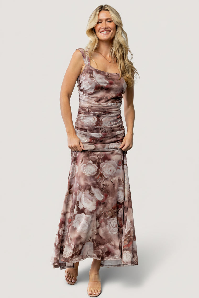 Model wearing Amelia Tank Maxi Dress in Dusty Clove Multi styled on-shoulder, paired with simple accessories to showcase versatile event styling.