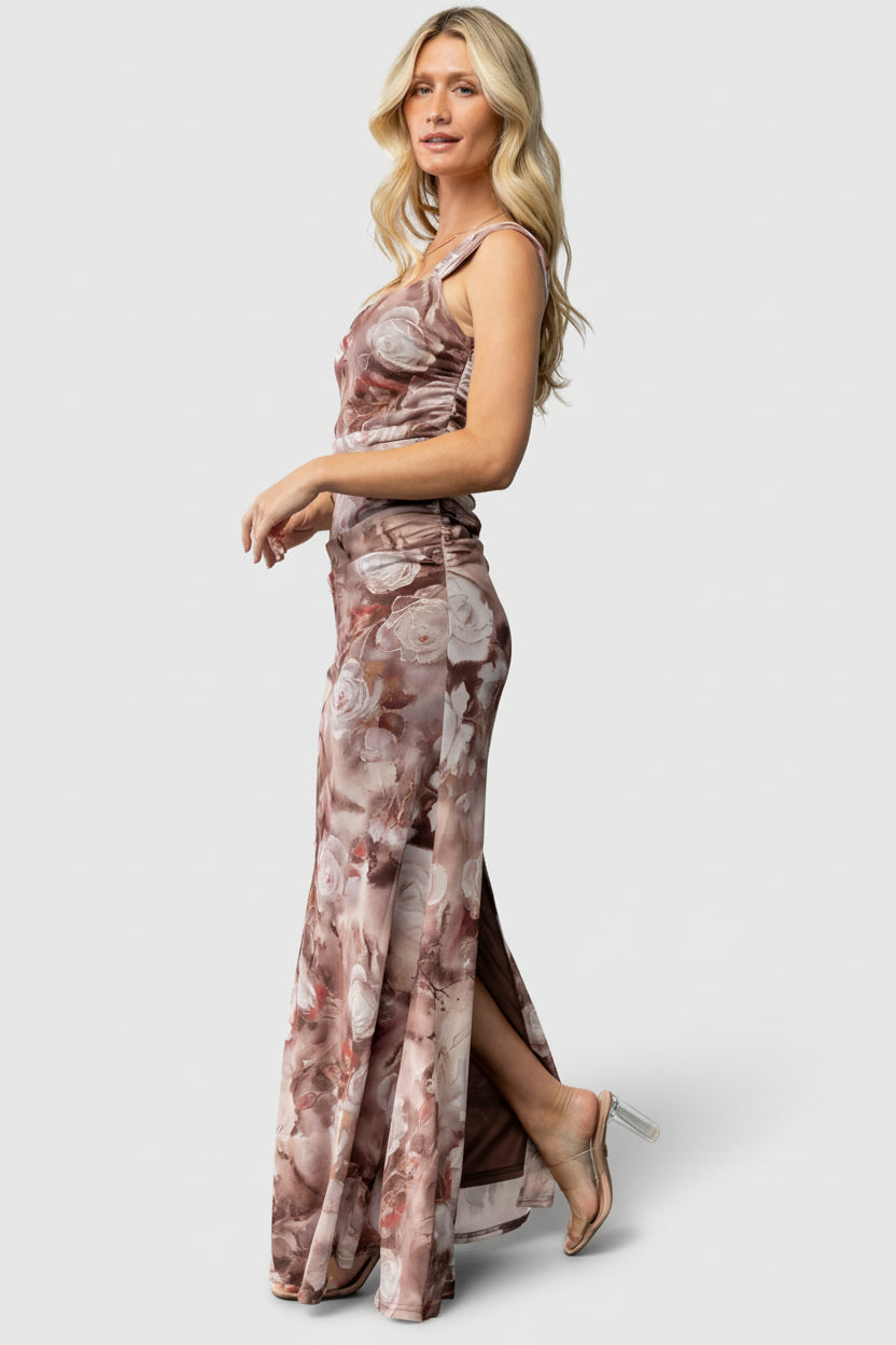 Side view of Amelia Tank Maxi Dress in Dusty Clove Multi on model, showing silhouette, left-side zipper placement and graceful skirt movement.