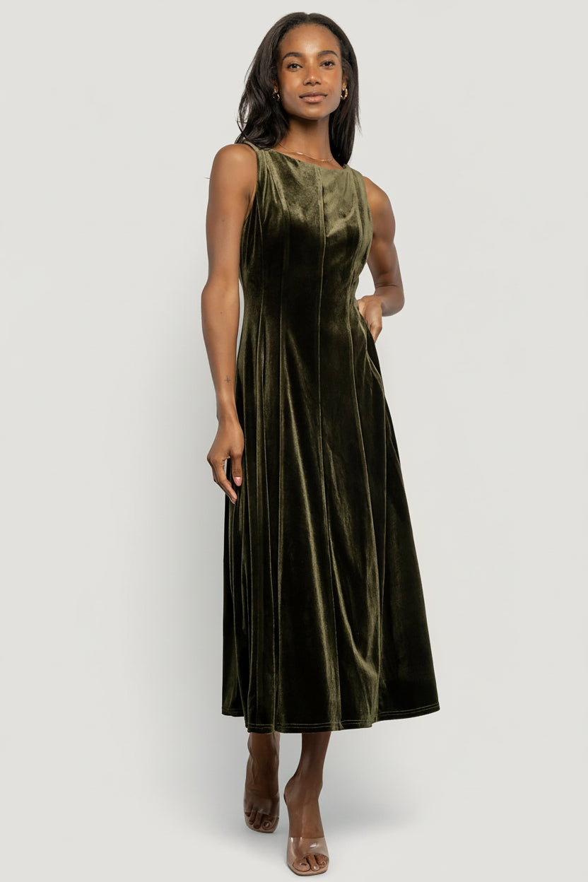 Front view of Annika Olive velvet midi dress on model showing round neckline, wide tank straps, princess seams.