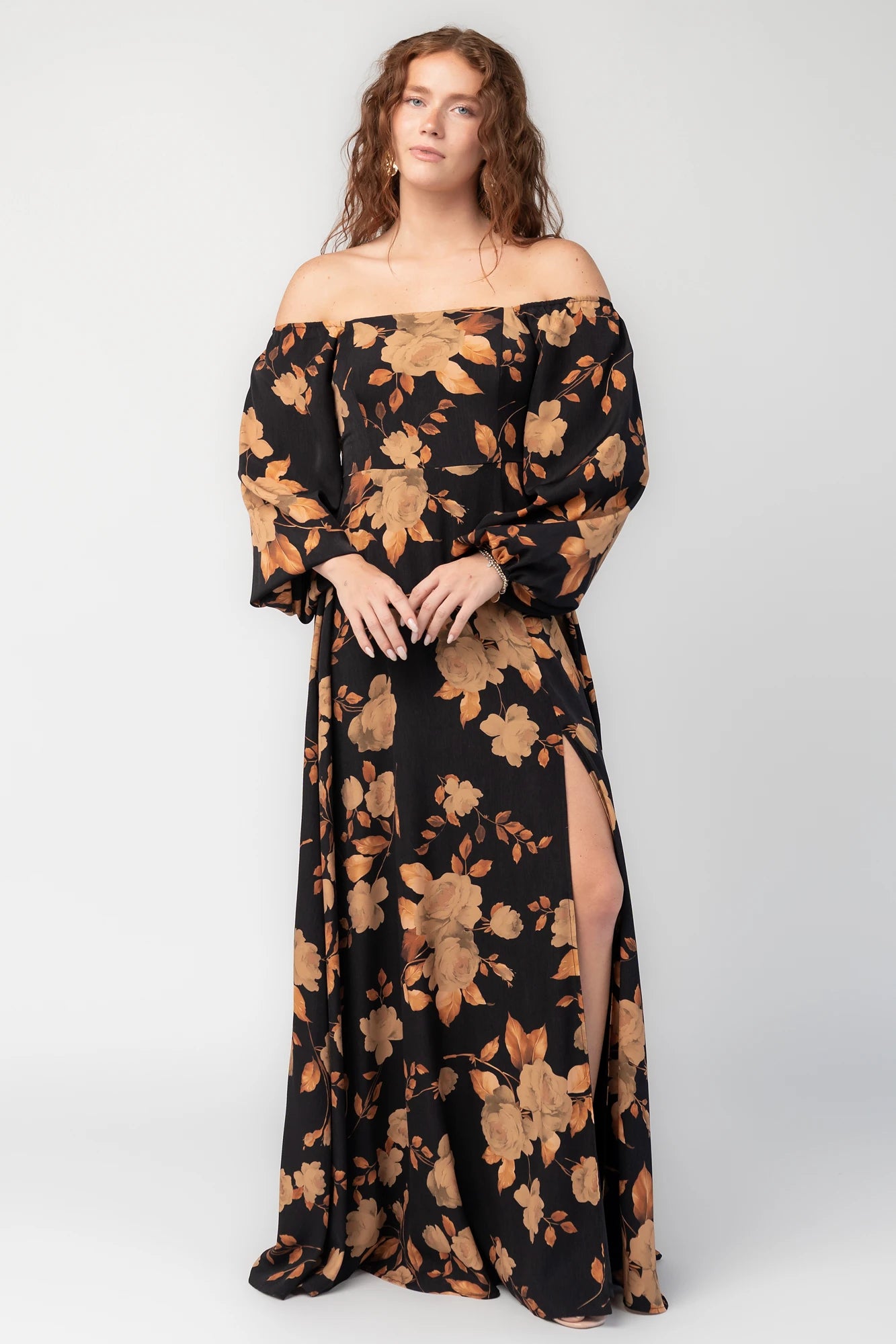 Cordelia Off Shoulder Maxi Dress | Black + Gold Floral