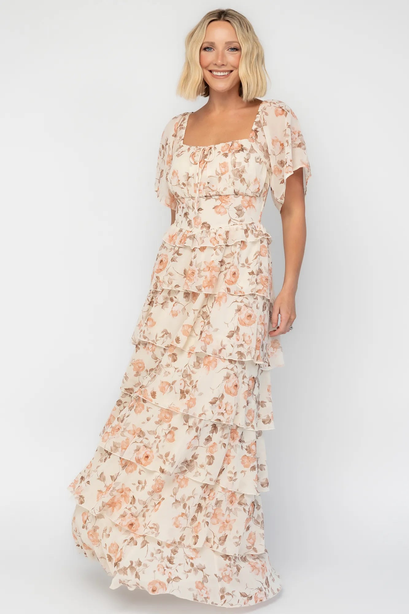 beige floral dress vintage Vintage Bloom Strapless Mini Dress | Beige Floral Bubble Hem