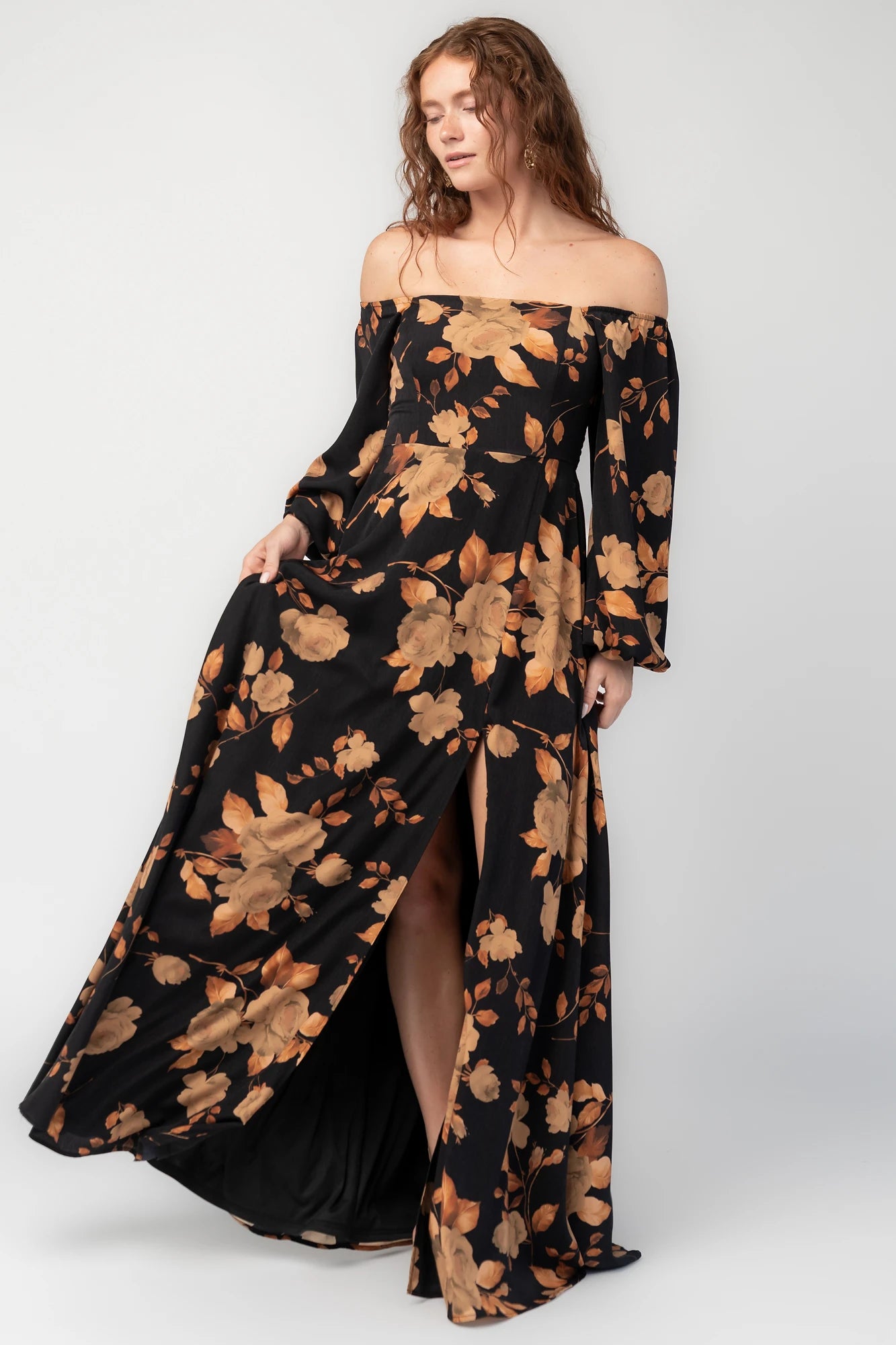 Cordelia Off Shoulder Maxi Dress | Black + Gold Floral