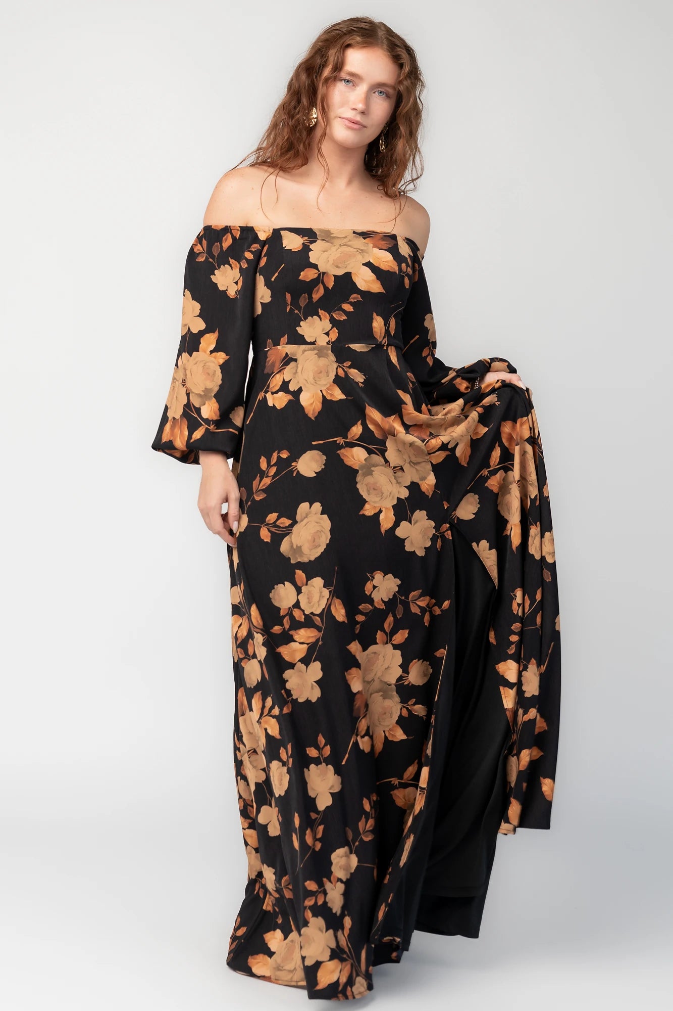 Cordelia Off Shoulder Maxi Dress | Black + Gold Floral