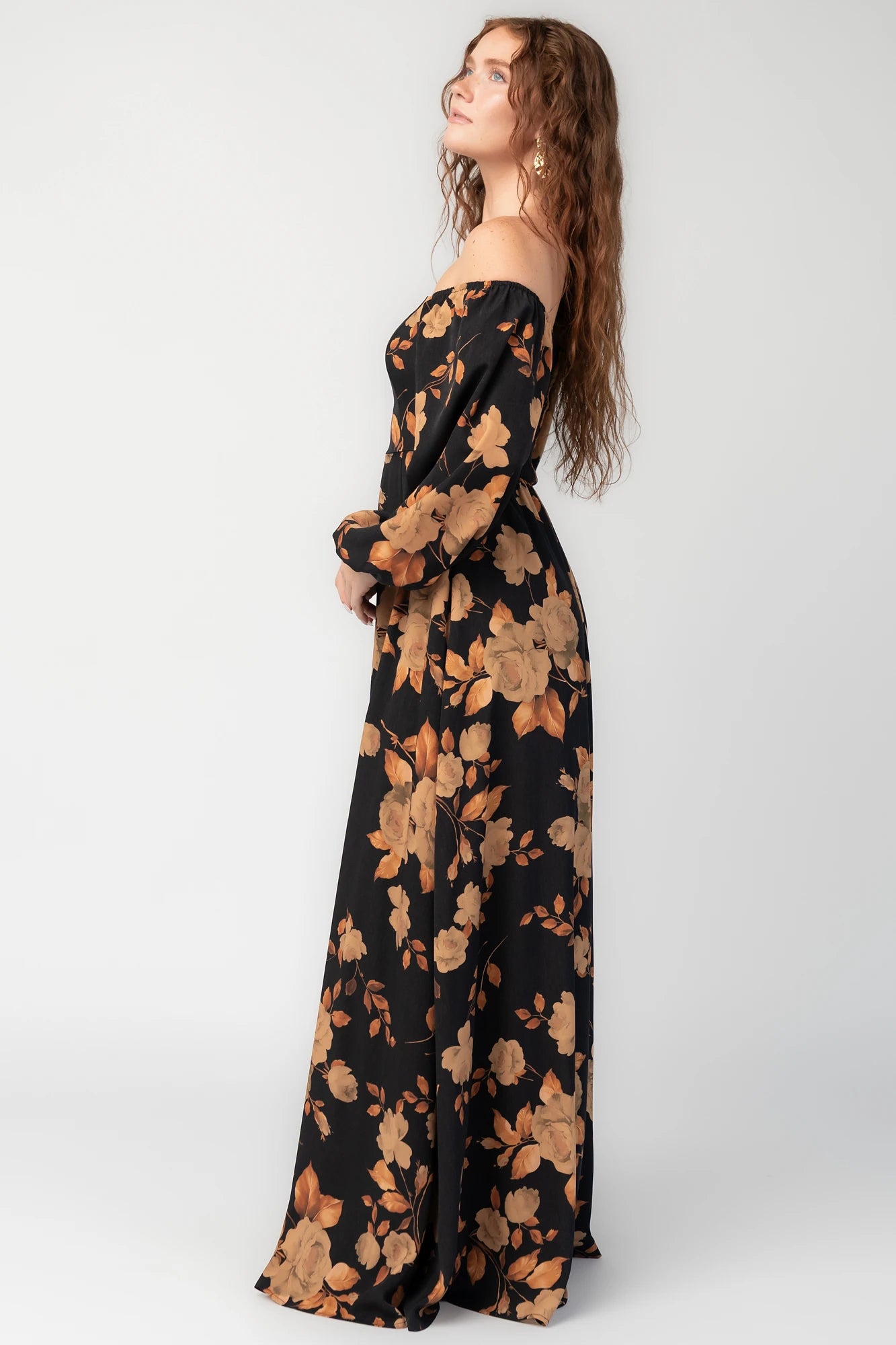 Cordelia Off Shoulder Maxi Dress | Black + Gold Floral