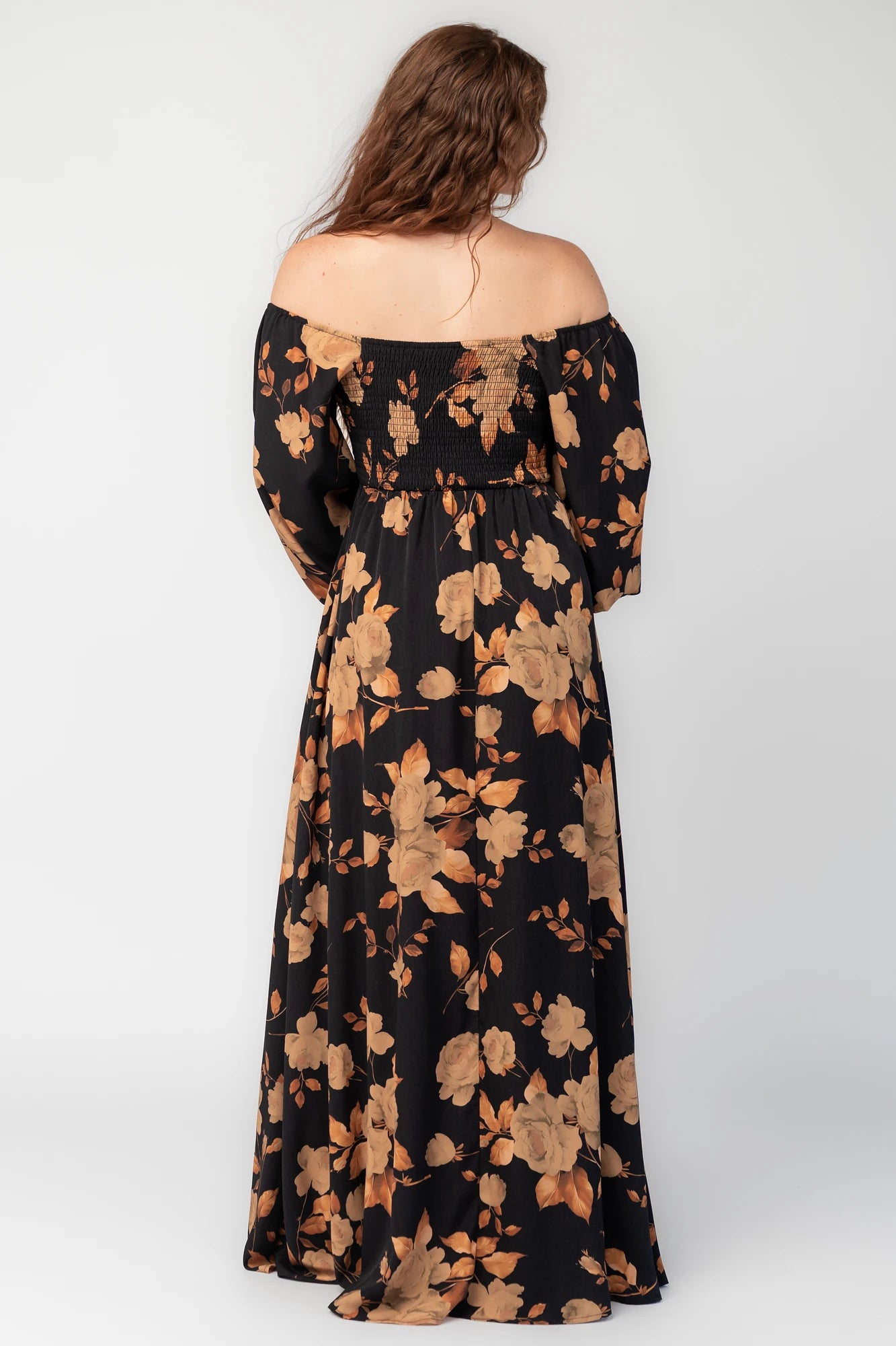 Cordelia Off Shoulder Maxi Dress | Black + Gold Floral