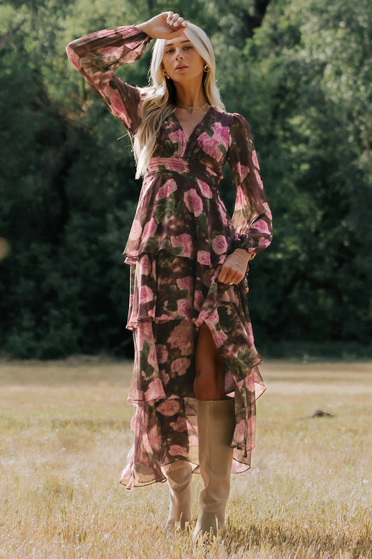 Mariella Tiered Maxi Dress | Mahogany Rose Floral