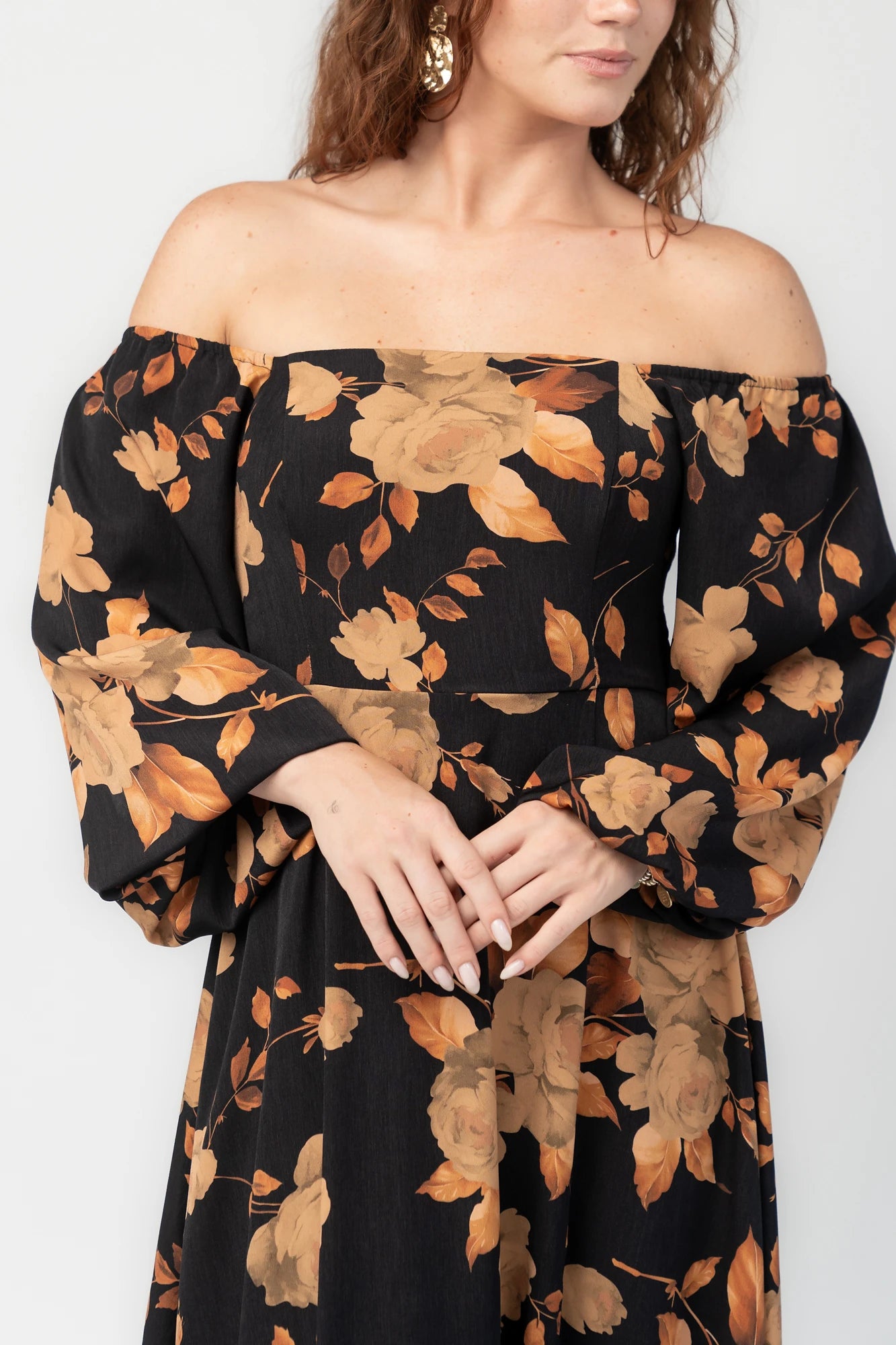 Cordelia Off Shoulder Maxi Dress | Black + Gold Floral