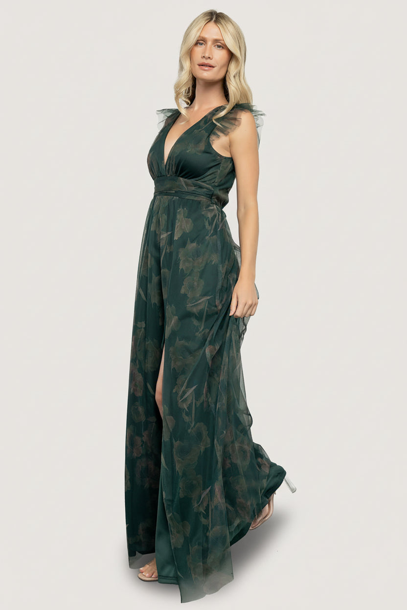Full silhouette of the Adelyn Maxi Dress in green floral shown on a dress form, fully lined with flowing tulle overlay.