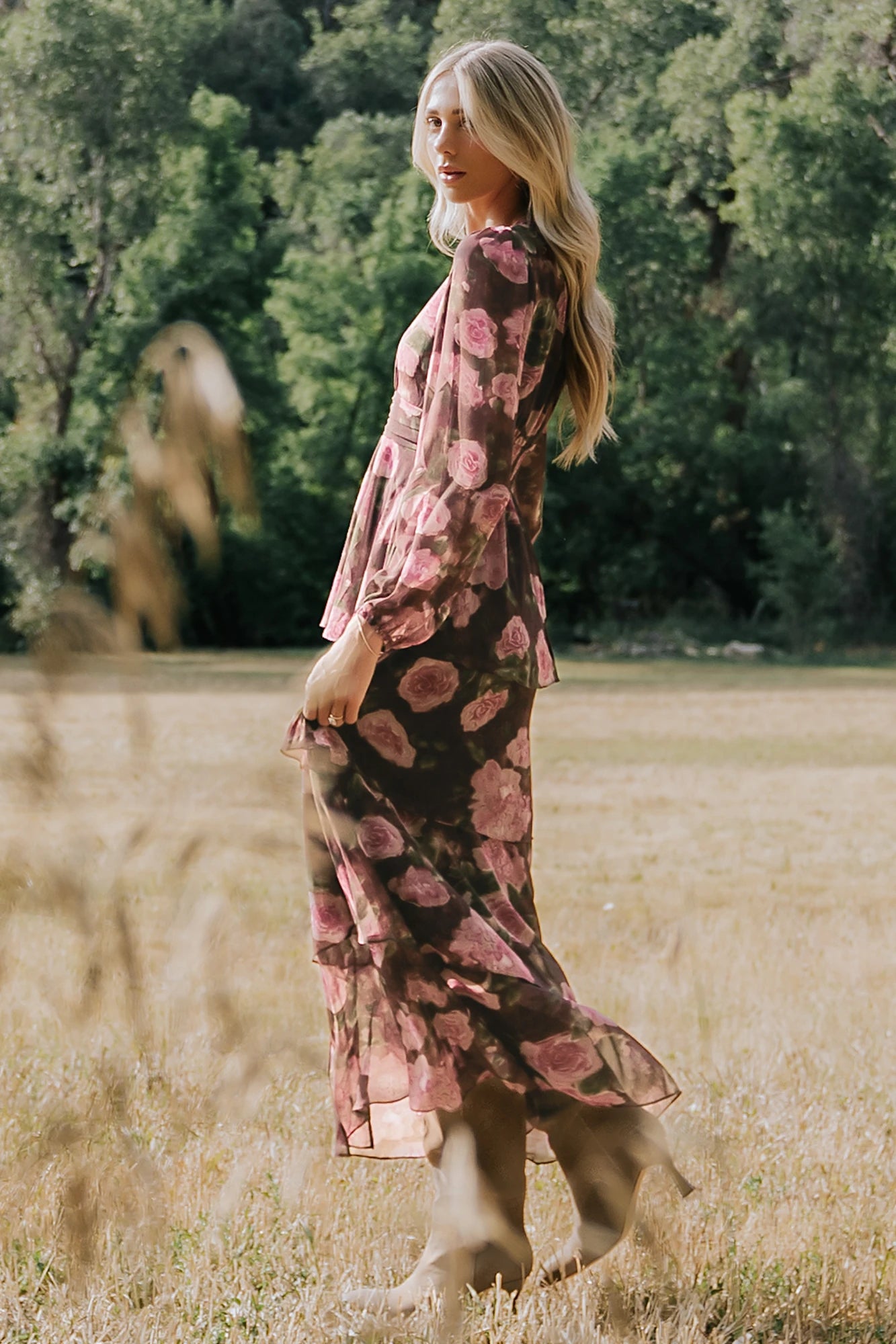 Mariella Tiered Maxi Dress | Mahogany Rose Floral