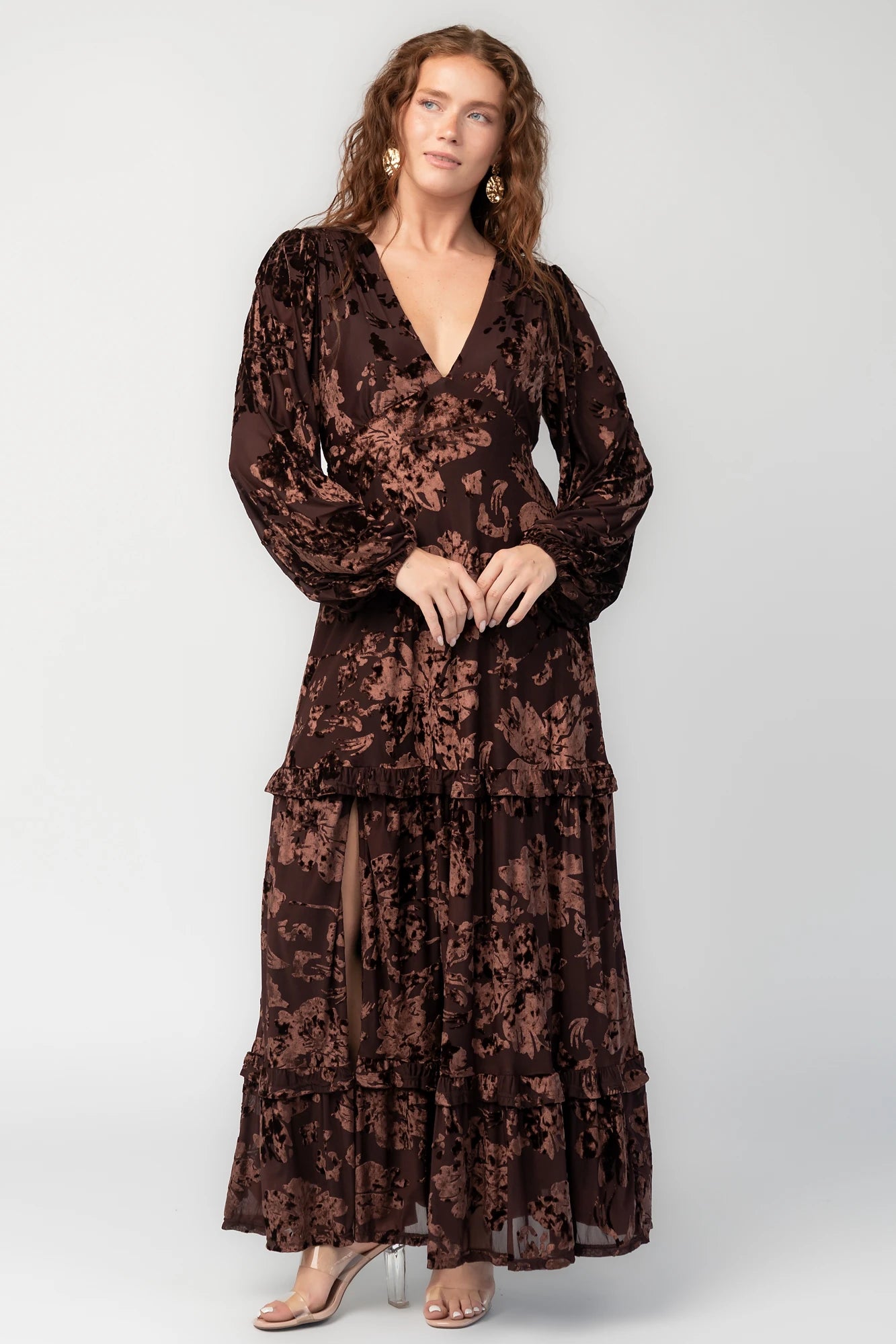 Liana Velvet Embossed Maxi Dress | Brown