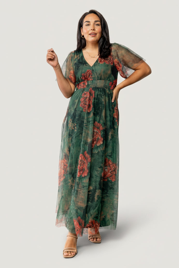 Baltic Born Womens Cressida Tulle Maxi Dress | Dark Green + Red Floral | Size: Small Baltic Born Womens Cressida Tulle Maxi Dress | Dark Green + Red Floral | Size: Small