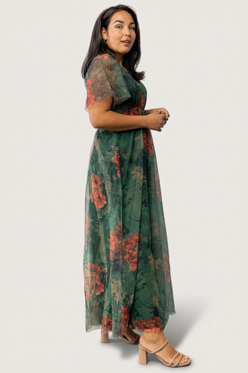 Cressida Tulle Maxi Dress | Dark Green + Red Floral