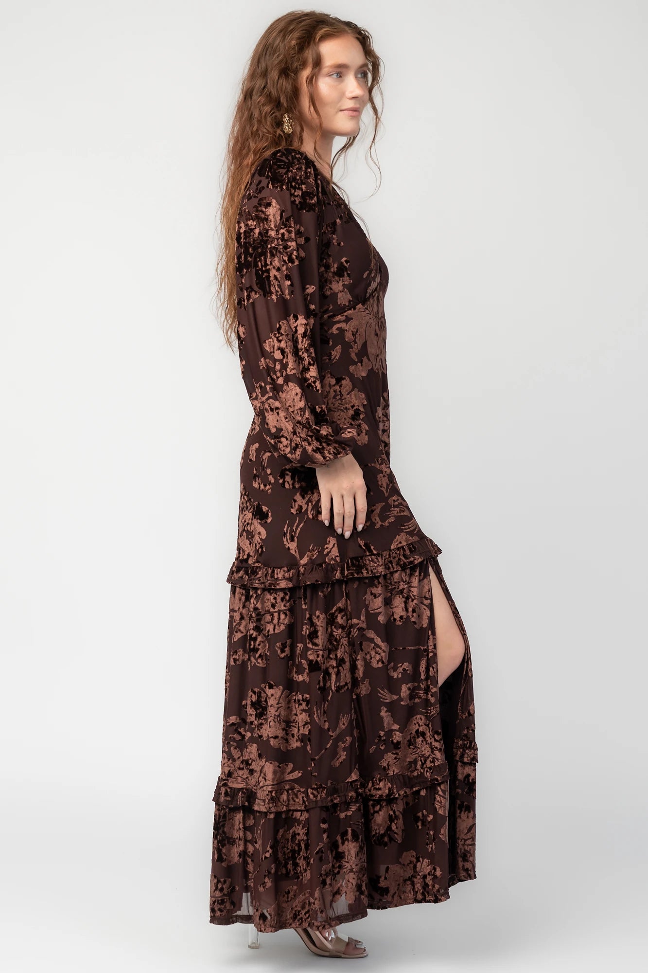 Liana Velvet Embossed Maxi Dress | Brown