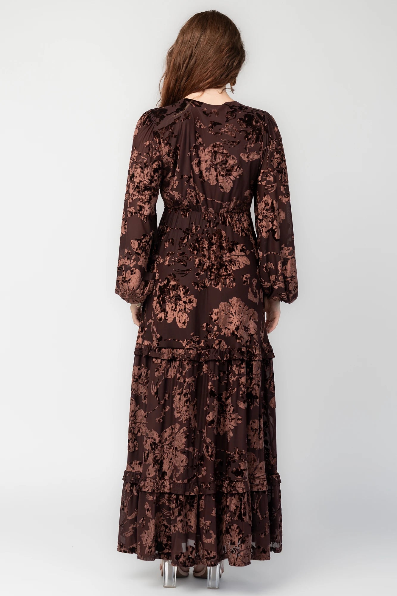Liana Velvet Embossed Maxi Dress | Brown
