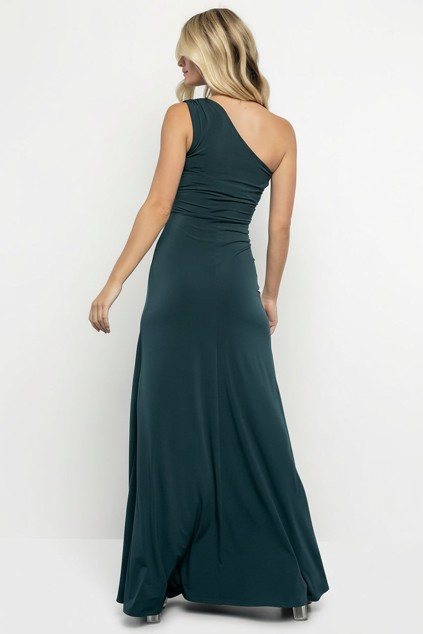 Close-up of asymmetrical gathered bodice on deep topaz Adrianna gown, showing fabric texture and diagonal ruching detail.