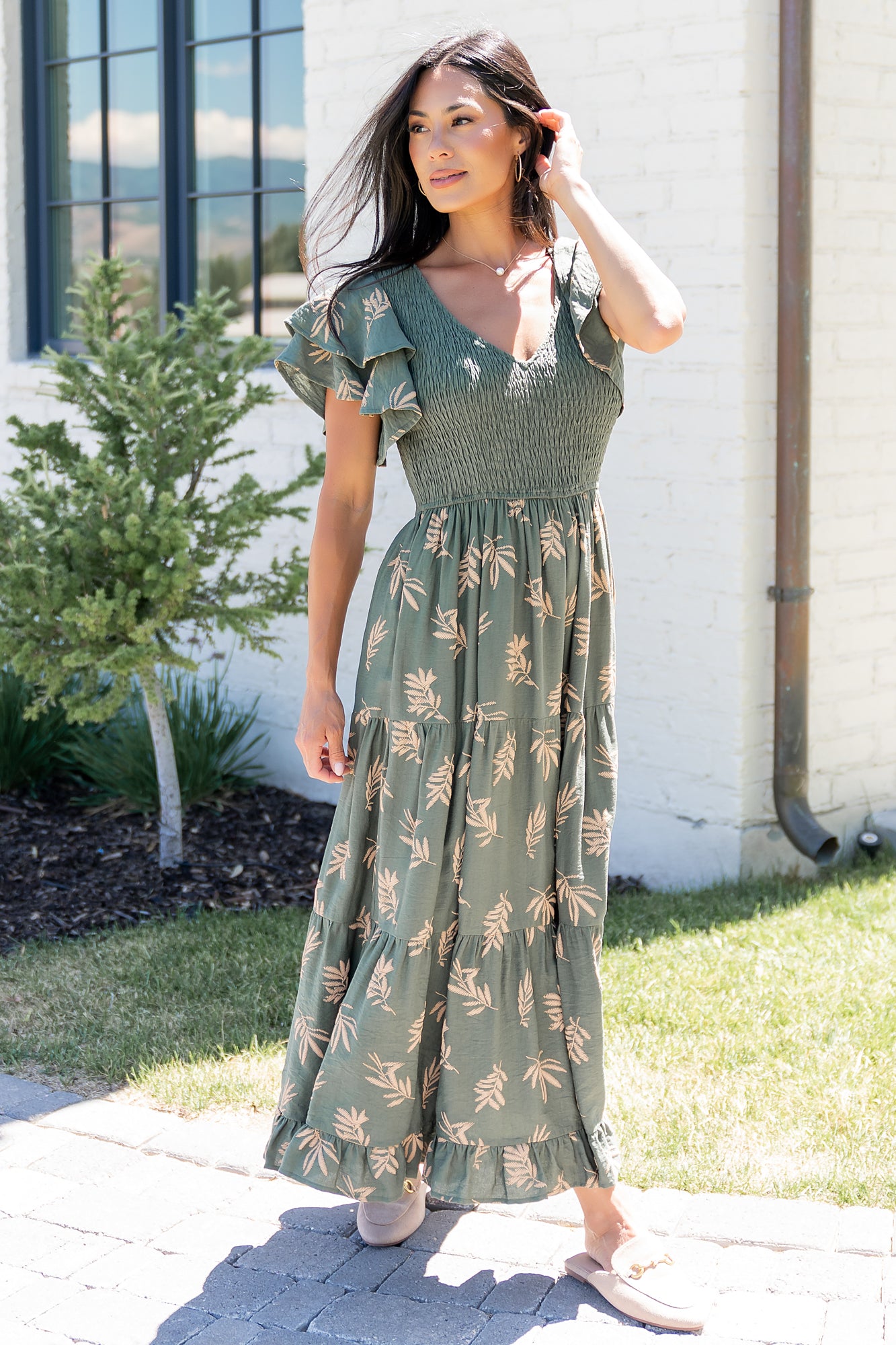 Baltic Born Womens Estelle Smocked Midi Dress | Green + Tan Print | Size: XL Baltic Born Womens Estelle Smocked Midi Dress | Green + Tan Print | Size: XL