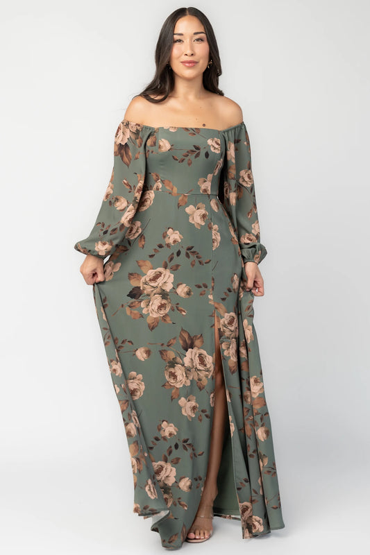 Cordelia Off Shoulder Maxi Dress | Dark Teal Floral