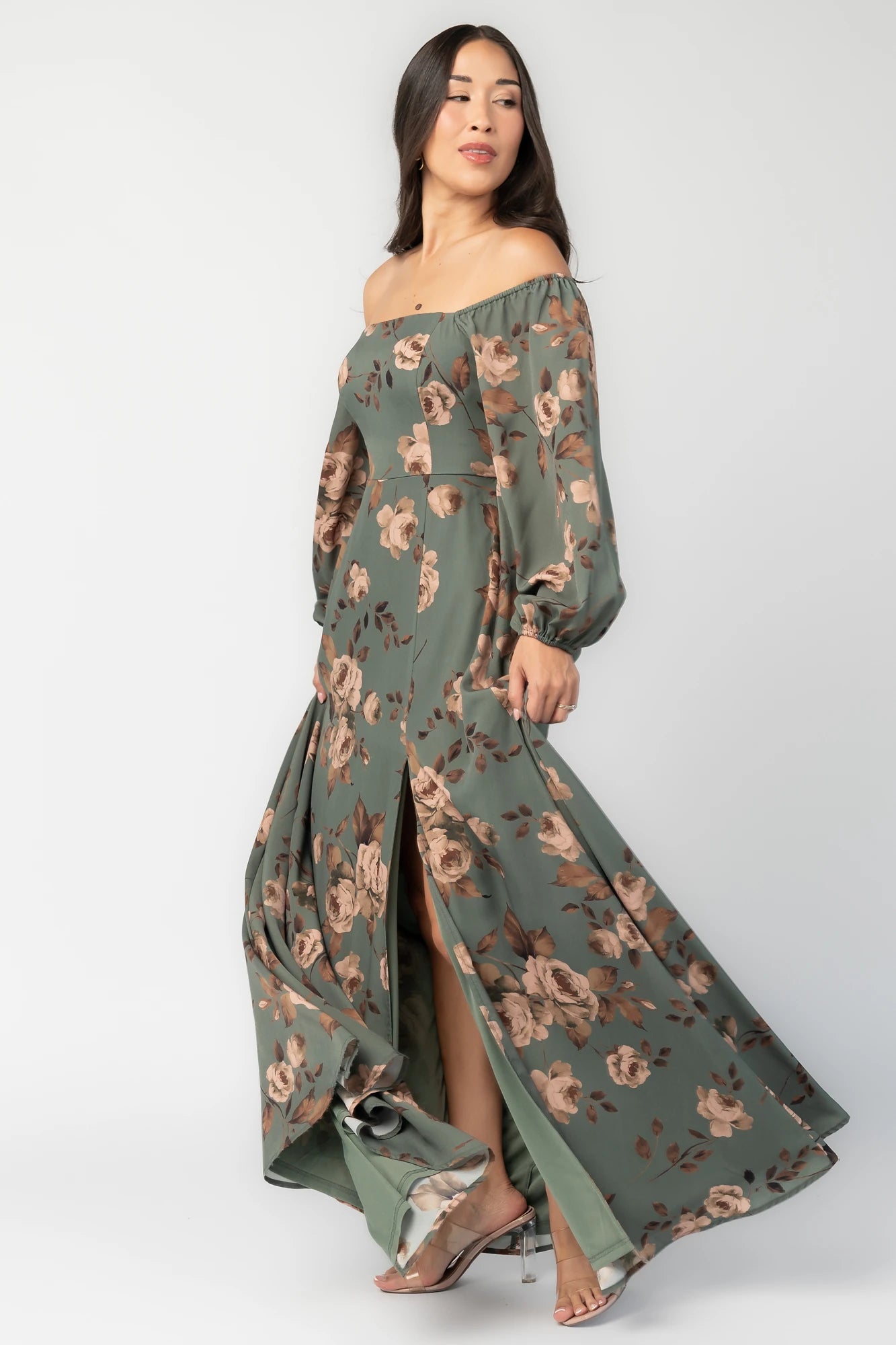 Cordelia Off Shoulder Maxi Dress | Dark Teal Floral