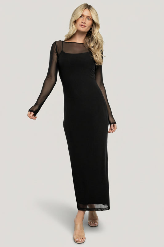Front view of model wearing the Darya black mesh midi dress with included ribbed slip, long sheer sleeves, and bodycon silhouette.