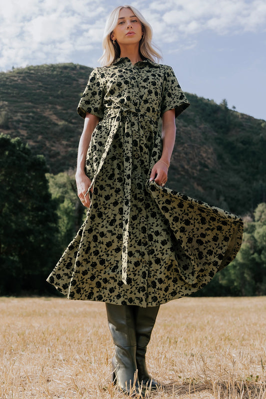 Kristen Button Up Dress | Deep Olive Floral
