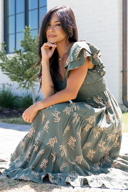 Estelle Smocked Midi Dress | Green + Tan Print