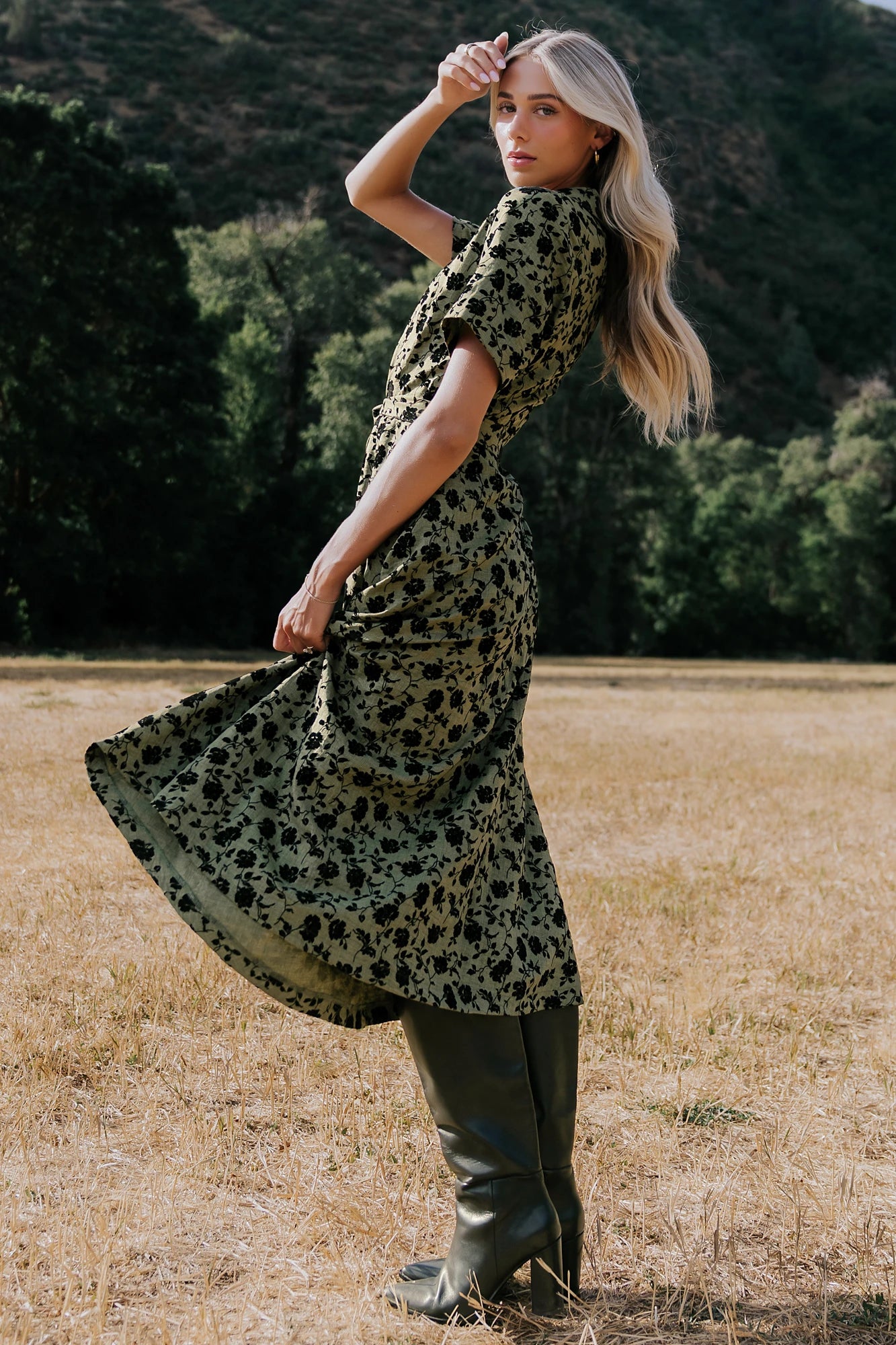 Kristen Button Up Dress | Deep Olive Floral