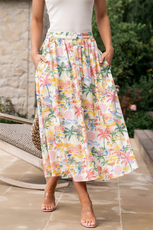 Gigi Button Midi Skirt | Off White + Multi Print