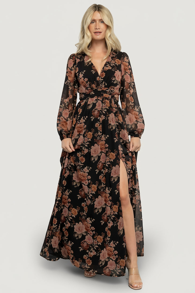 Baltic Born Womens Adira Maxi Dress | Black + Mauve Floral