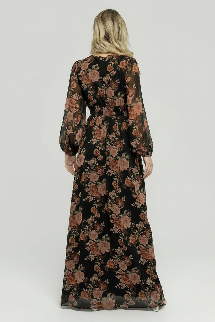Side view of the lined maxi skirt with left leg slit, showing movement, length, and the dress's flowing silhouette.