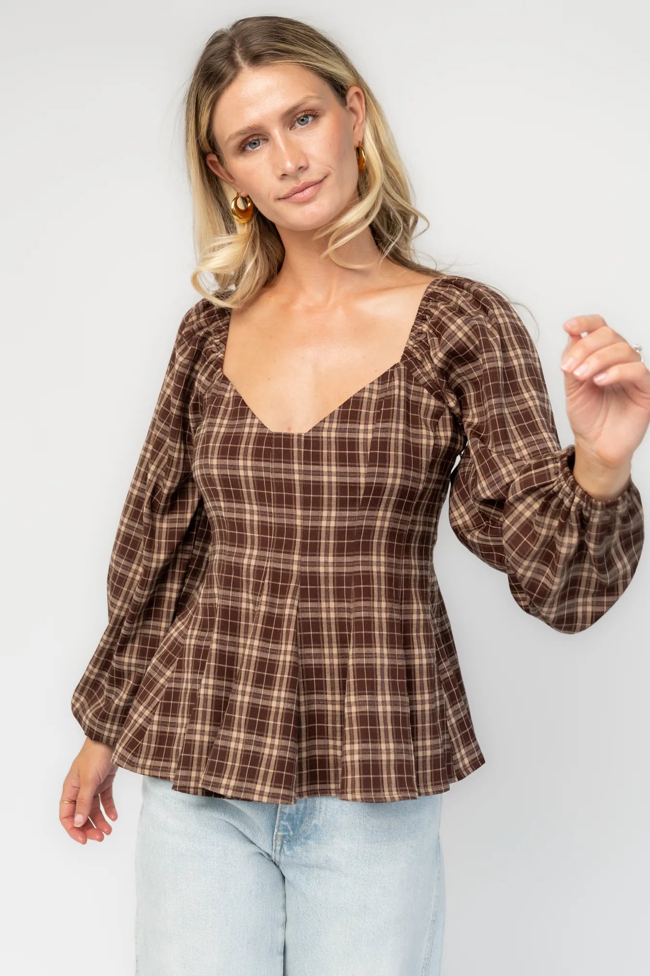 Sutton Peplum Top | Brown Plaid Print