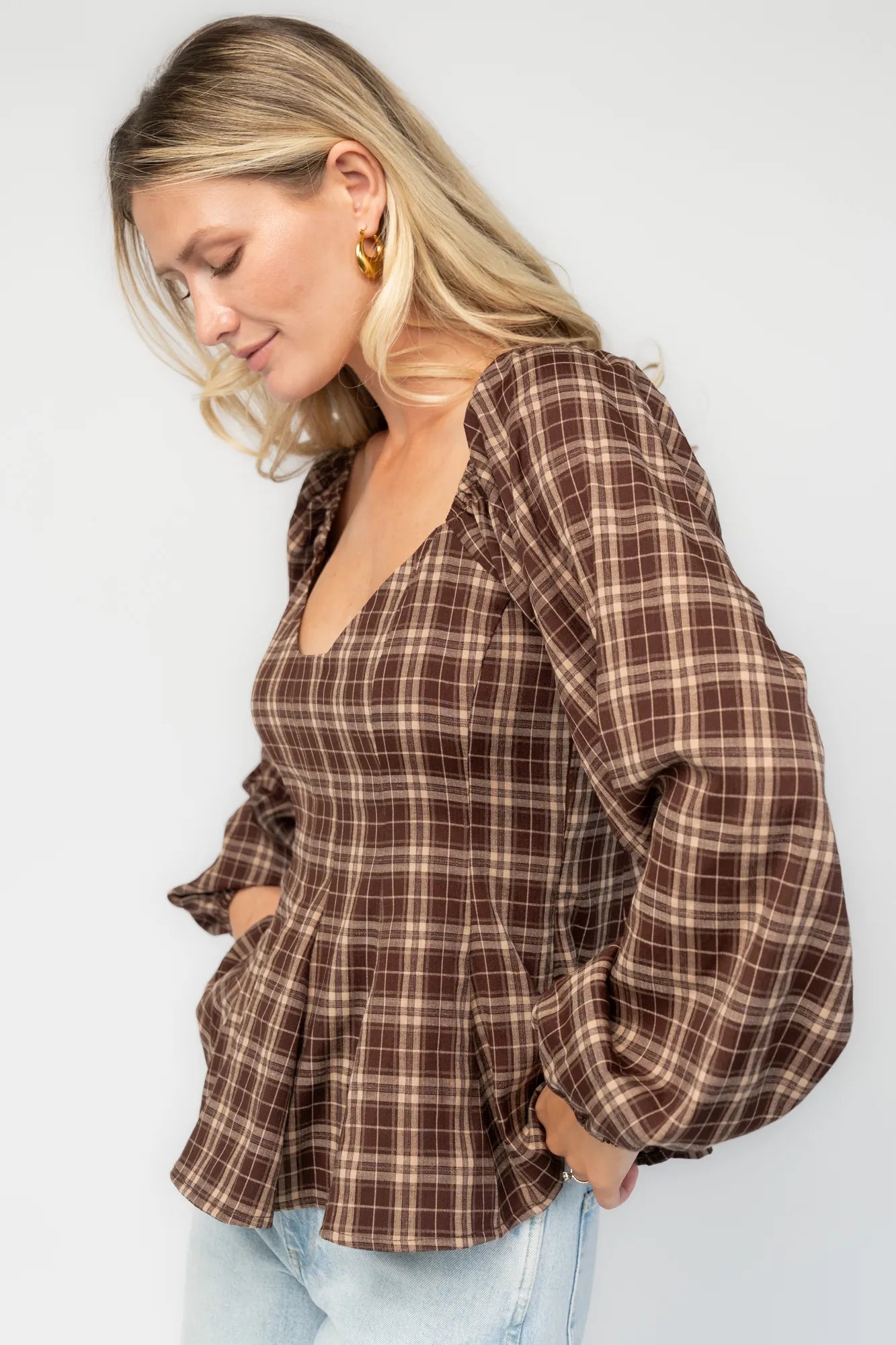 Sutton Peplum Top | Brown Plaid Print