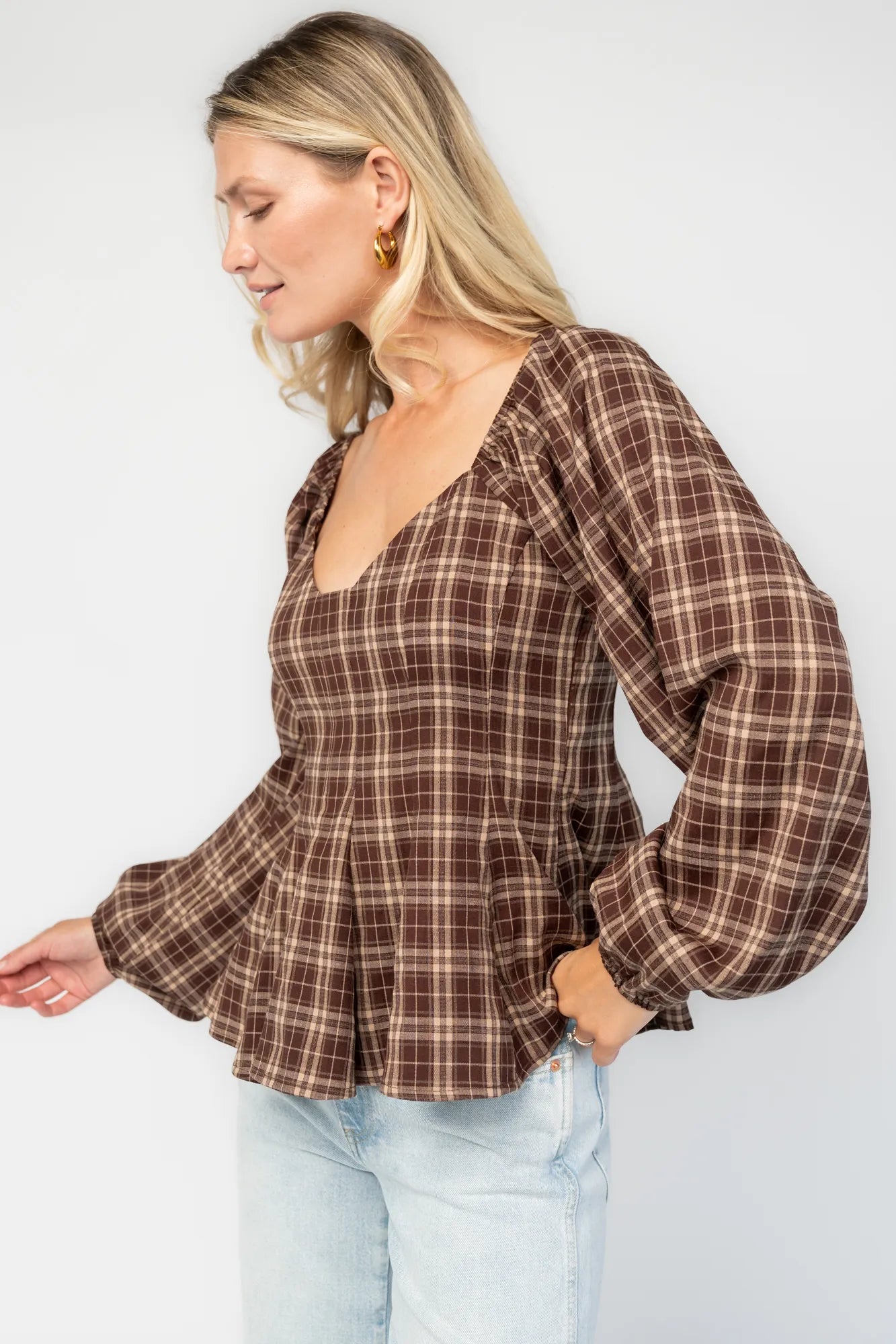 Sutton Peplum Top | Brown Plaid Print