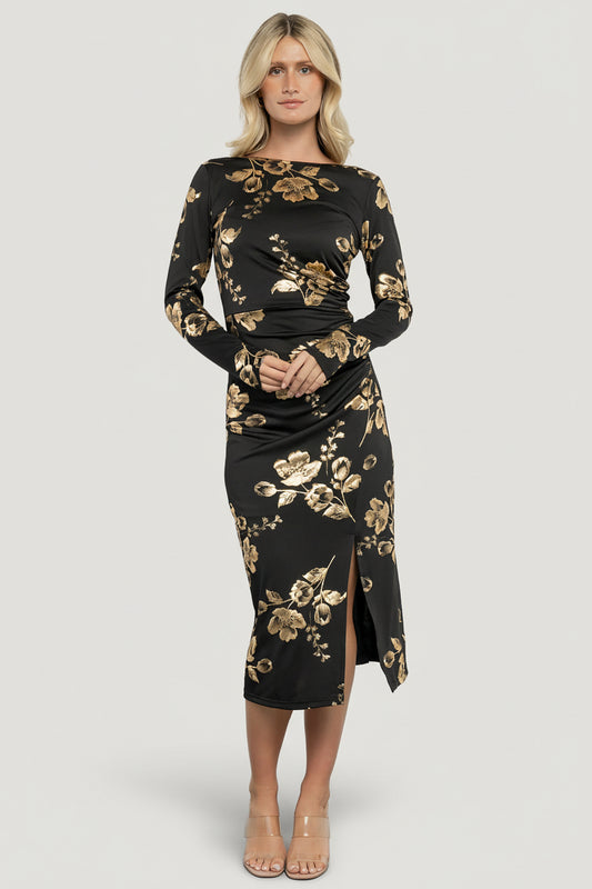 Baltic Born Womens Valeria Midi Dress | Black + Gold | Size: Medium Baltic Born Womens Valeria Midi Dress | Black + Gold | Size: Medium