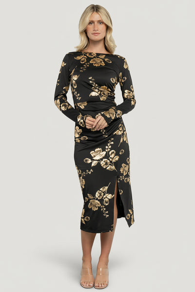 Valeria Midi Dress — Black & Gold Floral