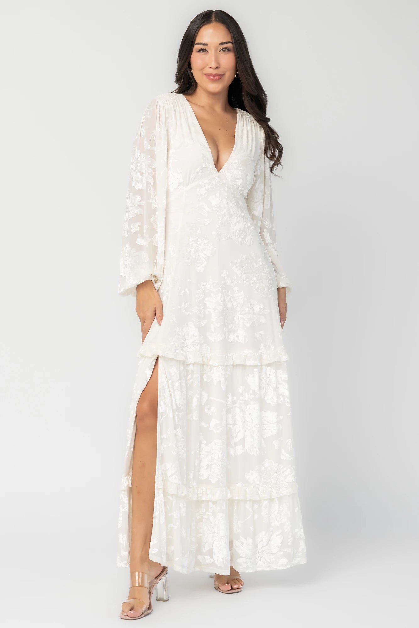 Liana Velvet Embossed Maxi Dress | Ivory
