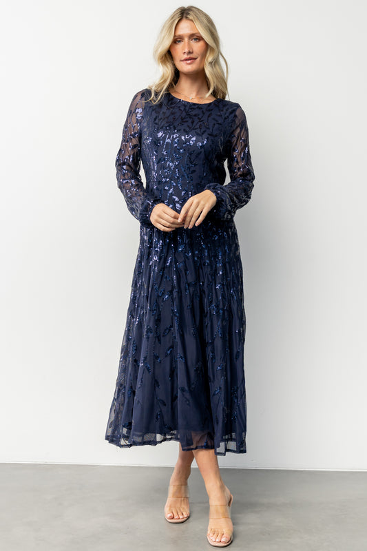 Kalla Sequin Mesh Midi Dress - Navy | Baltic Born M Kalla Sequin Mesh Midi Dress - Navy | Baltic Born M