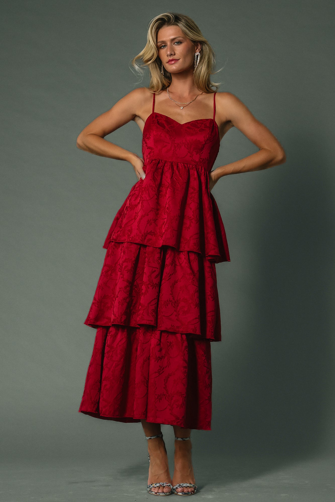 Violetta Embossed Tiered Dress | Deep Red Violetta Embossed Tiered Dress | Deep Red
