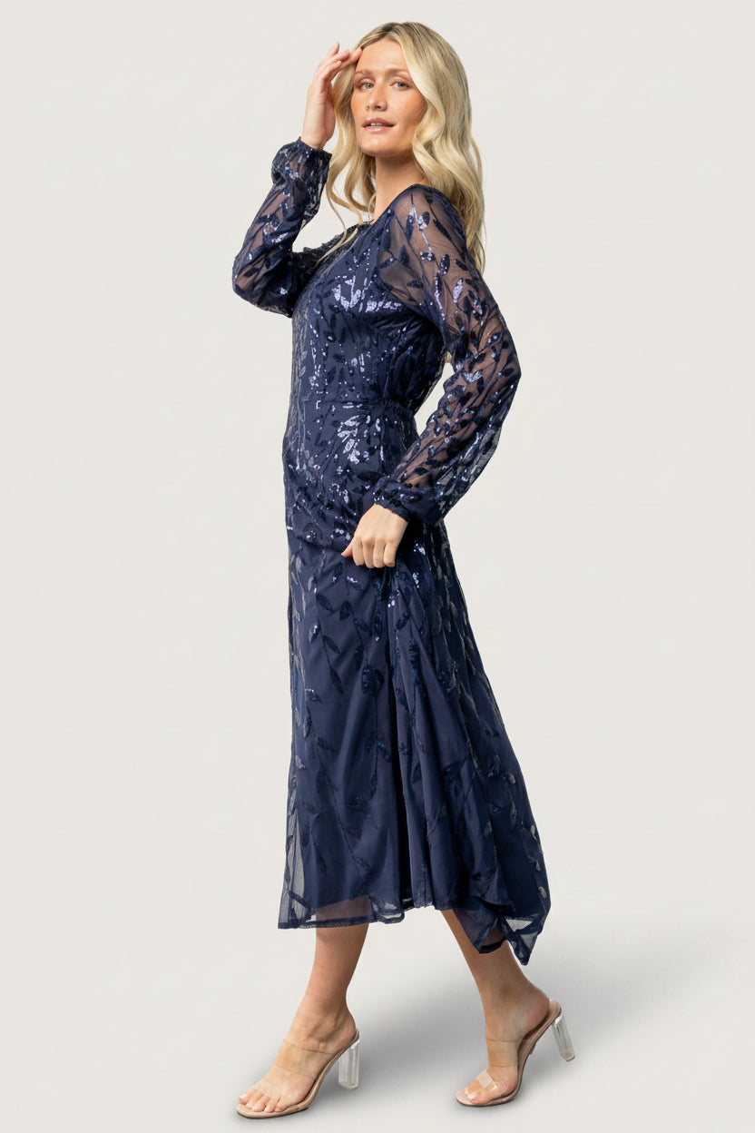 Baltic Born Womens Kalla Sequin Midi Dress | Navy | Size: Medium Baltic Born Womens Kalla Sequin Midi Dress | Navy | Size: Medium