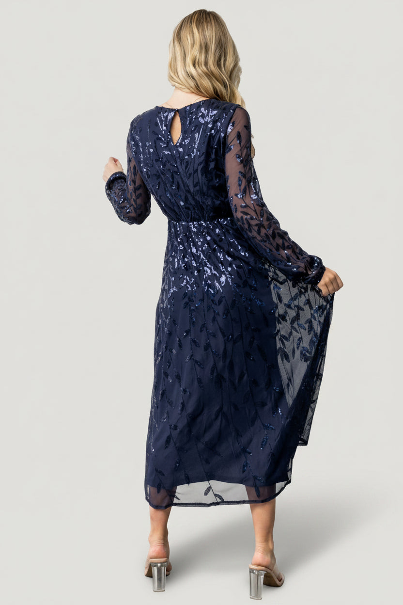 Baltic Born Womens Kalla Sequin Midi Dress | Navy Baltic Born Womens Kalla Sequin Midi Dress | Navy
