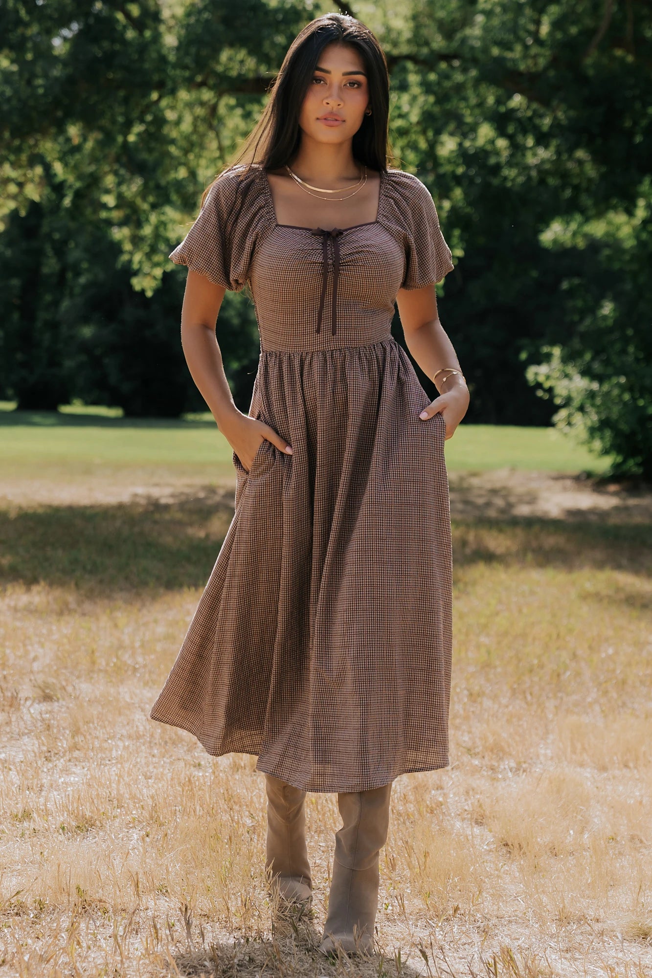 Teddy Gingham Midi Dress | Mocha