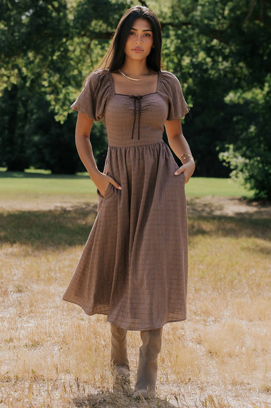 Teddy Gingham Midi Dress | Mocha