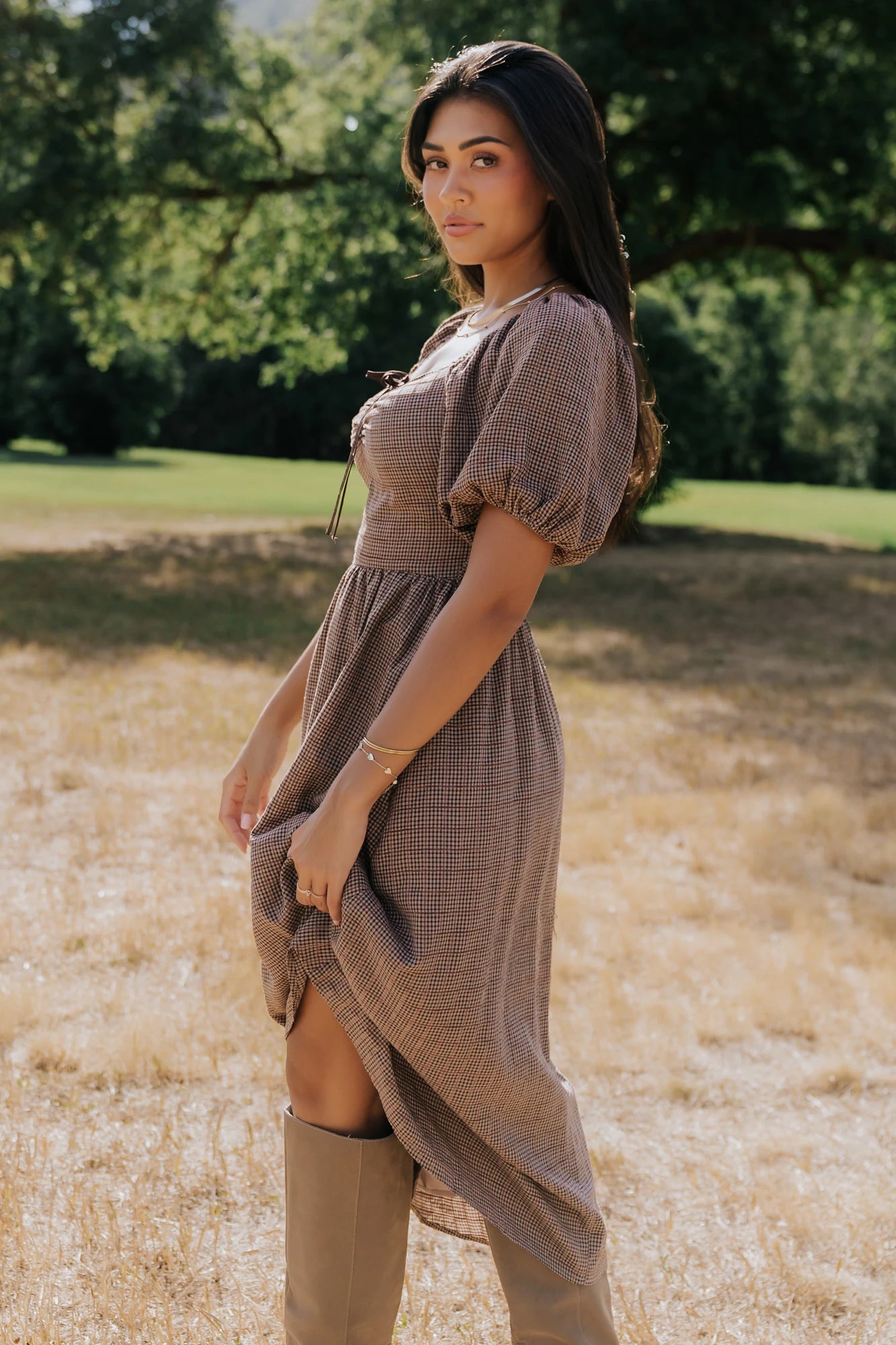 Teddy Gingham Midi Dress | Mocha
